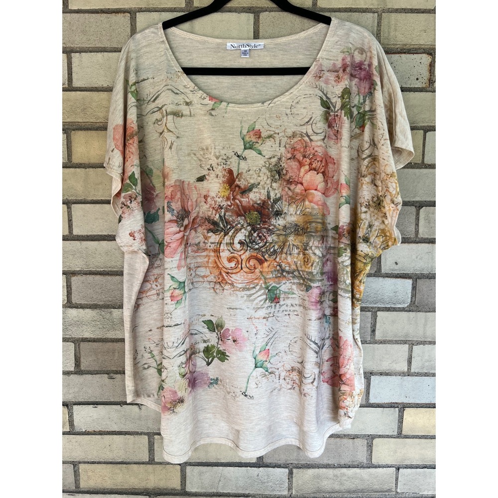 NorthStyle Floral Graphic Print Scoop Neck Dolman Sleeve Top Beige 3X
